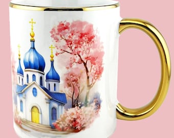 In Stock in den USA! - Osterkirche 11 Unzen Becher - Goldrand und Griff - Osterferien Keramik Kaffeetasse - Geschenk für Ostern
