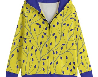 Kid's Cotton Zip Hoodie: Fall Branches Print, Raglan Sleeves