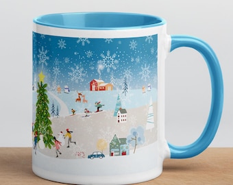 Winter City Blaue Keramiktasse - Blauer Griff und Innenseite - 11 Unze