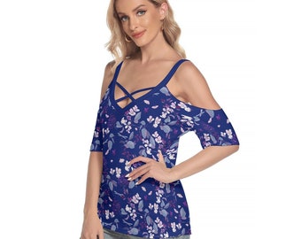 Floral Cold Shoulder Top: Dark Blue Summer Blouse
