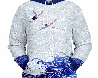 Baumwollmischung Wellen und Kraniche Dunkelblau Pullover Hoodie Unisex