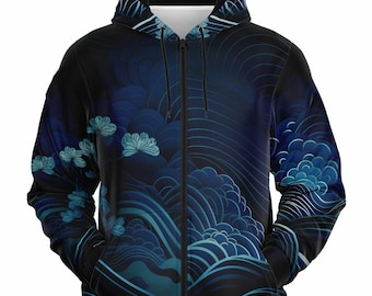 Unisex Wellen & Blumen-Zip-Hoodie: Asiatisches künstlerisches Design