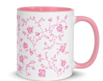 Floral Ceramic Coffee Mug - Pink Flowers, Color Inside