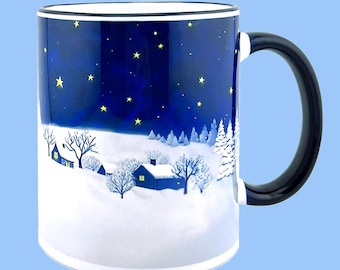 Ukrainische Nächte 11oz Keramiktasse - Dunkelblauer Rand und Griff - Keramikkaffeetasse - Perfektes Weihnachtsgeschenk!