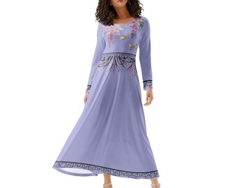 Langes Kleid mit Glyzinienblüten – Fliederfarbener asiatischer Stil, weicher Stoff