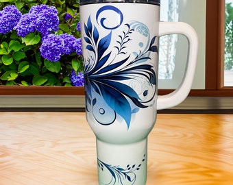 Copo de viagem Blue Swirl de 40 oz: copo de viagem de aço inoxidável com alça