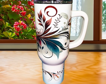 Autumn Swirl 40oz Tumbler: Insulated Travel Cup with Handle