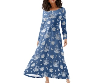 Langärmliges Kleid mit Blumenmuster: Blaue Sommerblumen, leichter Stretchstoff