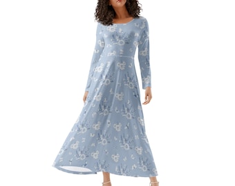 Florales Langarm-Maxikleid - Hellgrau-Blauer Polyester Spandex