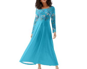 Blaues Maxikleid mit Blumenmuster: Langärmliger, fließender Rock