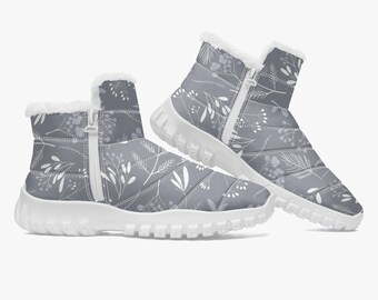Winter Flowers Faux Fur Lined Boots in Silver - Double Zipper - In Stock in US - Available for ship in 1 day