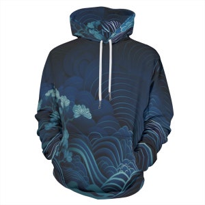 Cotton Waves & Flowers Blue Cotton Pullover Hoodie Unisex 320GSM
