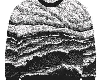 Stürmisches Meer Schwarz Entspannter Rundhalspullover: Unisex-Baumwollmischung