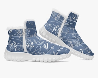 Botas de invierno con flores: forradas de piel sintética, color azul plateado, con doble cremallera