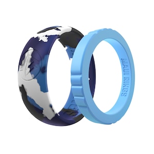 Blue Tone Silicone Wedding Band Set: Comfort Fit Promise Rings