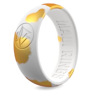 May include: White silicone ring with a gold camouflage pattern and the words "MAUI RINGS" engraved on the side.
