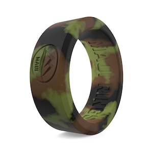 May include: A camouflage patterned silicone ring with the words "Maui Jim" engraved on the side. The ring has a brown, green, and black color scheme.