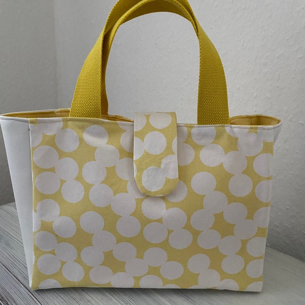 Für SIE: handgemachte Citybag, Mini Shopper, Lunchbag, Henkeltasche, extravagante  kleine Projekttasche, Dots, Gelb, große Punkte, Canvas