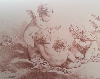 Antique Cherubs Lithograph Print, Rococo Winter Scene, Boucher/Wattier