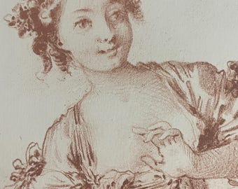 Antique Rococo Lithograph Print: Boucher, Dancing Girl, c.1840