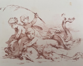 Antique Rococo Lithograph Print, Children Playing, Boucher & Wattier, 1840s