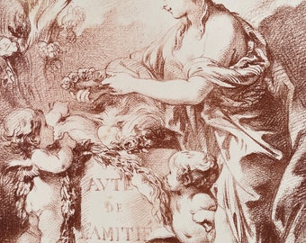 Antique Rococo Lithograph: Cherubs and Young Woman, Francois Boucher, 1840s