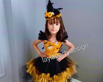 Girls Halloween Costume Dress Pumpkin Design - Childrens Fancy Dress Costume - Party Dress Autumn - Bat Witch Spooky Costume