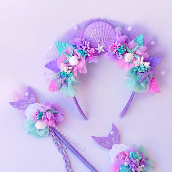Mermaid Hairband For Girls, Personalized Birthday Gift, Mermaid Crown, Mermaid Dress, Mermaid Wand, Toddler Mermaid Costume,