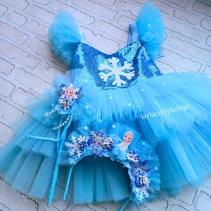 Snow princess elsa blue tulle dress, Fairytale princess costume, Fancy dress for little girl, Cold blue ball gown,  Birthday gift for girl