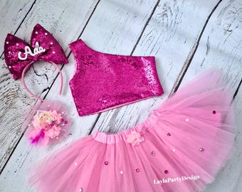 Pink Dream Princess Dress for Girls, Fuchsia Sequin Birthday Outfit, Personalized Tulle Party Dress, Fashion Doll Style Costume