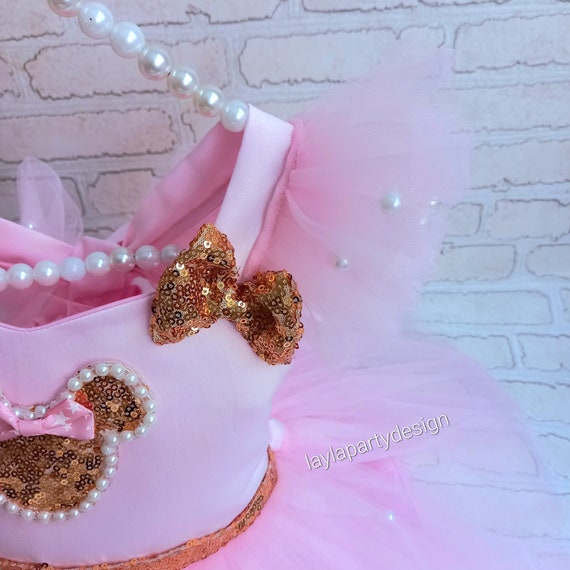 Pink Gold Mouse Birthday Dress, Toddler Theme Park Outfit, Girls Polka Dot Tutu, First Birthday Party Dress with Matching Headband