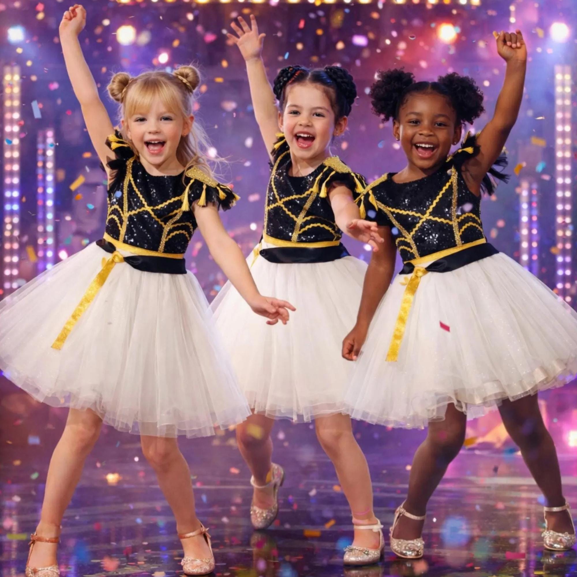 Girls Sequin Party Dress - Black White Tulle Outfit with Gold Accents