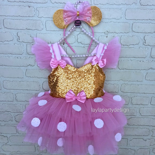 Pink and Gold minnie mouse Inspired ,birthday outfit for girls, halloween dress photoshoot tutu costume dress,1st birthday cake smash