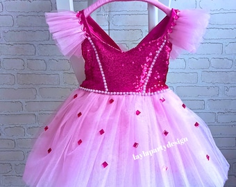 Personalized Pink Sequin Princess Dress: Tulle Skirt, Bow Headband
