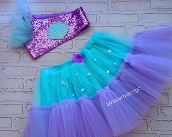 Mermaid Inspired Birthday Dress for Girls, Handmade Sequin Tulle Dress, Ocean Theme Party Outfit, Toddler Costume, Cake Smash Dress