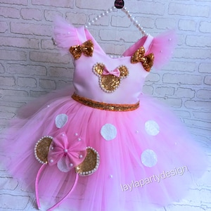 Robe d'anniversaire rose à pois pour fille - Tenue de soirée tutu avec détails dorés et serre-tête - Bébé à 10 ans