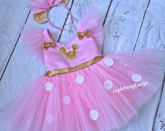 Vestido de cumpleaños de lunares rosas: disfraz inspirado en un ratón con diadema
