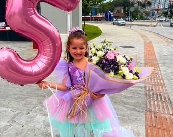 Mermaid Birthday Dress: Purple Sequin Tulle, Detachable Tail