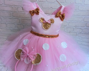 Traje de Minnie Mouse rosa y dorado, vestido rosa, vestido rosa de Minnie Mouse, disfraz de Minnie Mouse, disfraz de 1er cumpleaños, disfraz de sesión de fotos