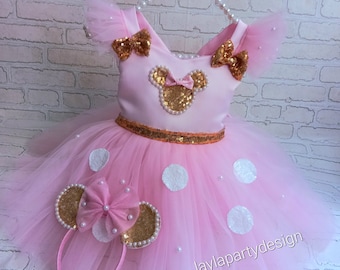 Pink and gold Minnie Mouse costume, Pink Dress,Pink Minnie Mouse dress,Minnie Mouse costume,1stbirthday costume,Photoshoot Costume