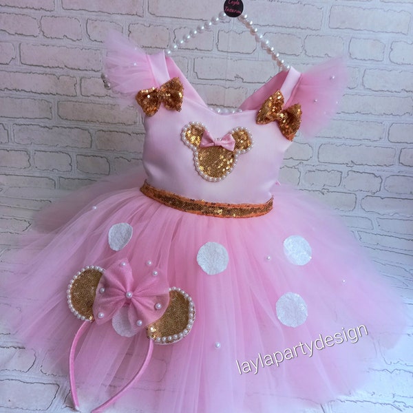 Pink and gold Minnie Mouse costume, Pink Dress,Pink Minnie Mouse dress,Minnie Mouse costume,1stbirthday costume,Photoshoot Costume