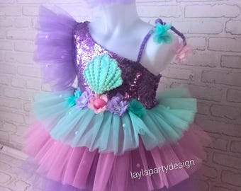 Girls' Mermaid Birthday Dress: Lilac Sequined Top, Sea-Themed Outfit