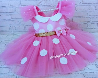 Pink Polka Dot Birthday Dress: Minnie Mouse Costume ,Sequin Top Tulle Tutu, Headband