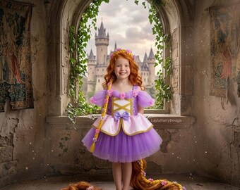 Rapunzel Dress for Girls | Tangled Princess Costume with Gold Embroidery | Lilac Tulle Birthday Outfit | Halloween Dress
