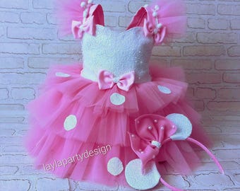 Handmade Pink Polka Dot Tutu Dress for Girls, Sparkly Birthday Party Dress, Fantasy Princess Outfit with Matching Headband
