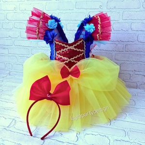 Handmade Snow White Tulle Dress: Princess Birthday Outfit with Red Bow