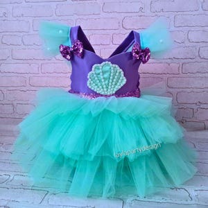 Magical Mermaid Tutu Dress for Girls – Purple Shell Bodice, Aqua Tulle Skirt, Headband – Birthday Outfit, Cake Smash, Custom Gift