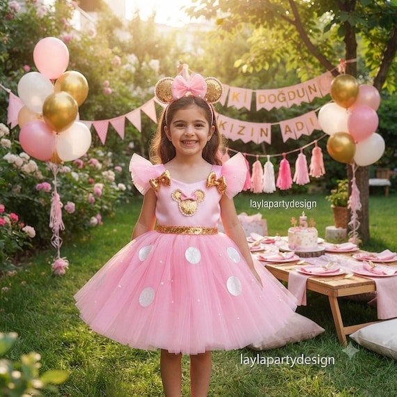 pink dress with gold polka dots Mouse Birthday Dress, Toddler Theme Park Outfit, Girls Dot Tutu, First Birthday Party Matching Headband 24.10COLL