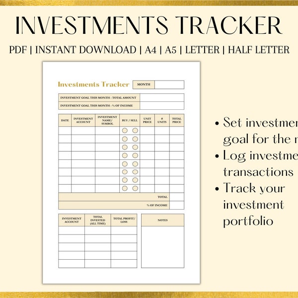 Investments Tracker Printable, Monthly Investments Journal, Investments Planner Monthly, Monthly Investing Tracker, Investment Portfolio Log