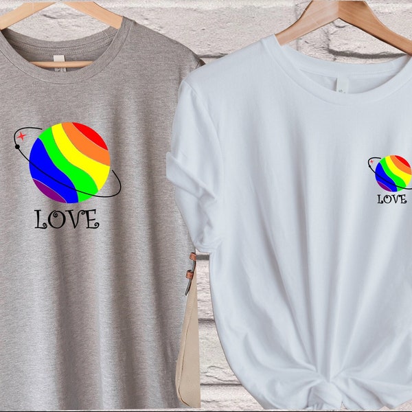 Transgender Pride Planet Shirt, Rainbow Tee, Love is Love Rainbow Heart Shirt, pocket size T Shirt, Pride Rainbow, Pride Shirt. LGBT tee